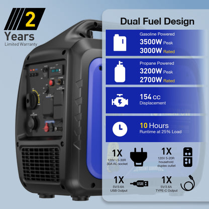 Power Up Your Adventures with the 3500W Super Quiet Dual Fuel Inverter Generator - Lightweight, Eco-Friendly, and Perfect for Home Backup or Camping!